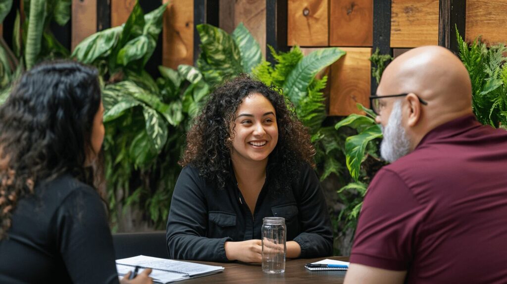 Entretien de recrutement entre une candidate et deux recruteurs